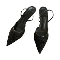 Sandálias Elegantes De Salto Alto Com Tira Traseira Em Malha Bordada Preta Para Mulheres, Sapatos