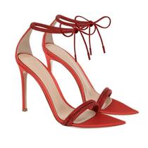 Sandálias femininas BOEGBNW de strass com tiras de salto alto vermelhas Sandálias femininas BOEGBNW de strass com tiras de salto alto vermelhas