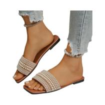 Sandálias Femininas Com Pedrarias E Strass, Sola Plana, Moda Verão 2025, Chinelos Para Uso Ao Ar