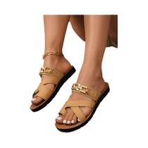 Sandálias Femininas Confortáveis Com Corrente Dourada, Estilo Slip-on, Casuais Para O Verão, Com