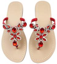 Sandálias femininas de strass de verão Hinyyrin, planas, vermelhas, tamanho 11