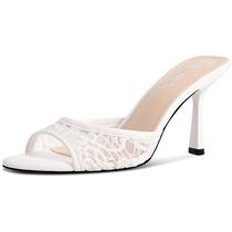 Sandálias femininas Kitten Heels LOHEK White Slip On Lace Mules 6.5