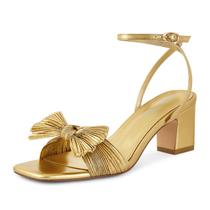 Sandálias ISNOM Gold Heels Bow Knot Block Heel para casamento