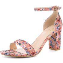 Sandálias Perphy com estampa floral, salto grosso, bico aberto, rosa 6,5