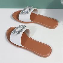 Sandálias planas de verão com strass para mulheres - brancas