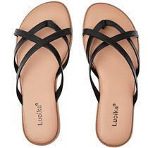 Sandálias planas Luoika, chinelo feminino de grande largura, pretas, 7XW