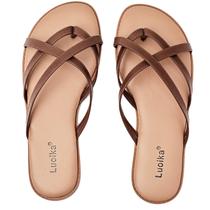 Sandálias planas Luoika femininas de grande largura, chinelo marrom Sandálias planas Luoika femininas de grande largura, chinelo marrom