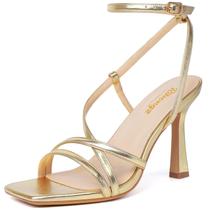 Sandálias RIBONGZ Gold Strappy Stiletto Kitten Heels para mulheres