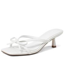 Sandálias VIMISAOI Bow Kitten Heels, tiras, bico quadrado, brancas
