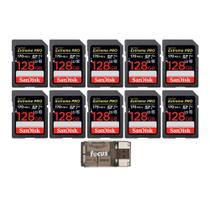 SanDisk Extreme PRO 128GB 170 MB/s UHS-I Cartão de Memória SDXC (Pacote com 10) com Leitor de Cartão USB 2.0 Focus All-In-One de Alta Velocidade (11 Itens)