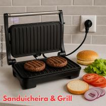 Sanduicheira Elétrica Grill 2 em 1 Press Inox 1000W Antiaderente 127V ou 220V Chapa Ondulada Grelha Hamburger Carne Sanduiche Panini