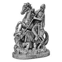 São Jorge Cavalo Guerreiro Estátua Decoração Resina Prateado - M3 Decoração