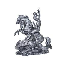 São Jorge com Cavalo e Dragão Ogum Estátua resina cor prata grande