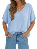 Saodimallsu Suéter feminino oversized com mangas morcego curtas, leve, gola V, casual, tricô de verão, blusa azul Saodimallsu Suéter feminino oversized com mangas morcego curtas, leve, gola V, casual, tricô de verão, blusa azul