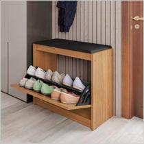 Sapateira Banco de Madeira Almofadado material sintético Porta Palinha Rattan Basculante Plenitude