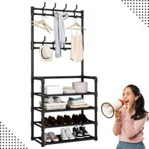 Sapateira Organizador com Cabideiro de Chão e 4 Prateleiras Arara Multiuso Vertical para Roupas, Bolsas e Sapatos Estrut Sapateira Organizador com Cabideiro de Chão e 4 Prateleiras Arara Multiuso Vertical para Roupas, Bolsas e Sapatos Estrut