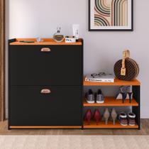 Sapateira Organizadora Quarto Closet Hall de Entrada Banco 2 Portas Basculantes Puxador Concha Milano - Preto/ Cinamomo