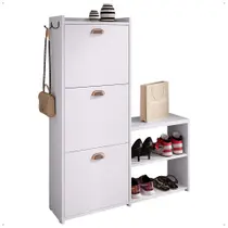 Sapateira Vertical 3 Gavetas Banco Prateleira Sapatos Gancho Bolsa Hall Entrada Quarto Dakota - Branco - Rpm