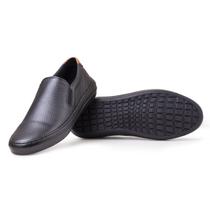 Sapatênis Casual de Couro Calce Fácil Elástico Slip On Preto