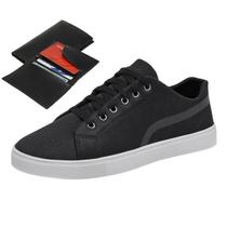 Sapatenis Casual Masculino Preto De Amarrar Sola Reta Leve Conforto + Carteira Sapatenis Casual Masculino Preto De Amarrar Sola Reta Leve Conforto + Carteira