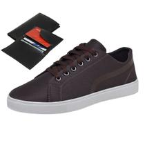 Sapatenis Casual Masculino Preto De Amarrar Sola Reta Leve Conforto + Carteira Sapatenis Casual Masculino Preto De Amarrar Sola Reta Leve Conforto + Carteira