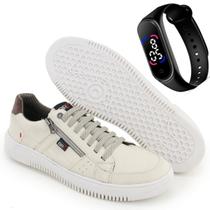 Sapatênis Esporte Masculino Casual Couro Legitimo Cadarço Fixo Zíper Lateral Bico Redondo Sola Blaqueada