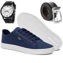 Sapatênis Masculino Casual Azul Confortável Antiderrapante Básico Cadarço Dia a Dia com Relógio e Cinto Sapatênis Masculino Casual Azul Confortável Antiderrapante Básico Cadarço Dia a Dia com Relógio e Cinto