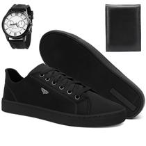 Sapatênis Masculino Casual Preto Confortável Antiderrapante Básico Cadarço Dia a Dia com Relógio e Carteira Sapatênis Masculino Casual Preto Confortável Antiderrapante Básico Cadarço Dia a Dia com Relógio e Carteira