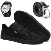 Sapatênis Masculino Casual Preto Confortável Antiderrapante Básico Cadarço Dia a Dia com Relógio e Cinto Sapatênis Masculino Casual Preto Confortável Antiderrapante Básico Cadarço Dia a Dia com Relógio e Cinto