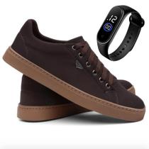 Sapatênis Masculino Solado Costurado Reforçado Marrom + Relógio Led Digital