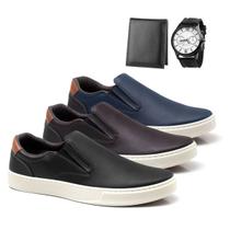 Sapatenis Slip On Casual Masculino Kit 3 Tenis Carteira Relogio Palmilha Gel