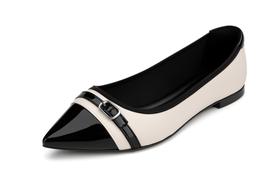 Sapatilha Feminina Ceci Bicolor Preto e Off White Verniz Bico Fino Elegante