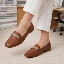 Sapatilha Feminina Confortável Luxo Sapato Feminino Mocassim Bico Quadrado Caramelo Strass Trabalho