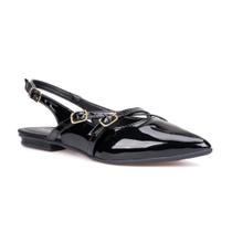 Sapatilha Feminina Slingback Em Verniz Bico Fino Com Fivelas