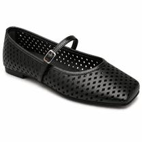 Sapatilha Feminina Vazada Boneca Bico Quadrado Confortável Mocassim Mary Jane Cor:PretoTamanho:35