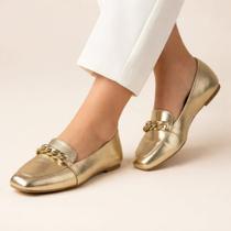 Sapatilha Mocassim Feminina Dourado Bico Quadrado com Corrente Elegante Confortável