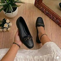 Sapatilha Mocassim Feminina Preto Bico Quadrado com Corrente Elegante Confortável Sapatilha Mocassim Feminina Preto Bico Quadrado com Corrente Elegante Confortável