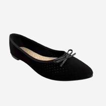Sapatilha Moleca Feminino Bico Laço Confortável Preto Nobuck OFF Verniz