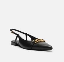 Sapatilha Preta Couro Bico Fino Slingback Metal