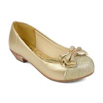 Sapatilha Salto Infantil Menina Laço Duplo Detalhe Bico Dourada