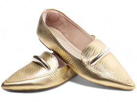 Sapatilha Sapato Mocassim Feminino Bico Fino Lezard Dourado Torricella