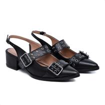 Sapatilha Scarpin Feminino Bico Fino Slingback Sapato Com Fivelas Metálicas e Ilhos Salto Baixo Elegância e Conforto