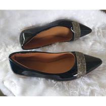 Sapatilha Verniz Feminina Casual Confort Com Detalhes Em Strass Preta