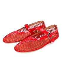 Sapatilhas de balé DOEYG Mesh para mulheres vermelhas com bico redondo e fivela Sapatilhas de balé DOEYG Mesh para mulheres vermelhas com bico redondo e fivela