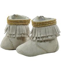 Sapatinho de Bebê Bicho de Pé - Bota Feminina Com Franja e Strass - Camurça Sintética - Palha