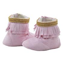 Sapatinho de Bebê Bicho de Pé - Bota Feminina Com Franja e Strass - Camurça Sintética - Rosa Bebê