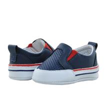 Sapatinho de Bebê Bicho de Pé - Conga Masculina c/ Elástico - Sintético Liso e Perfurado - Azul Marinho, Branco e Vermel