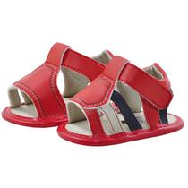 Sapatinho de Bebê Bicho de Pé - Sandália Masculina com Fecho - Sintético - Vermelho com Bege e Azul Marinho Sapatinho de Bebê Bicho de Pé - Sandália Masculina com Fecho - Sintético - Vermelho com Bege e Azul Marinho