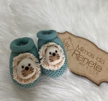 Sapatinho Tricô Leão Penteado Verde Cavalinha Recém Nascido Confortável Moda Infantil Menino Masculino