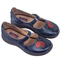 Sapato Boneca Couro Feminino Bordado Aplique Joaninha Casual